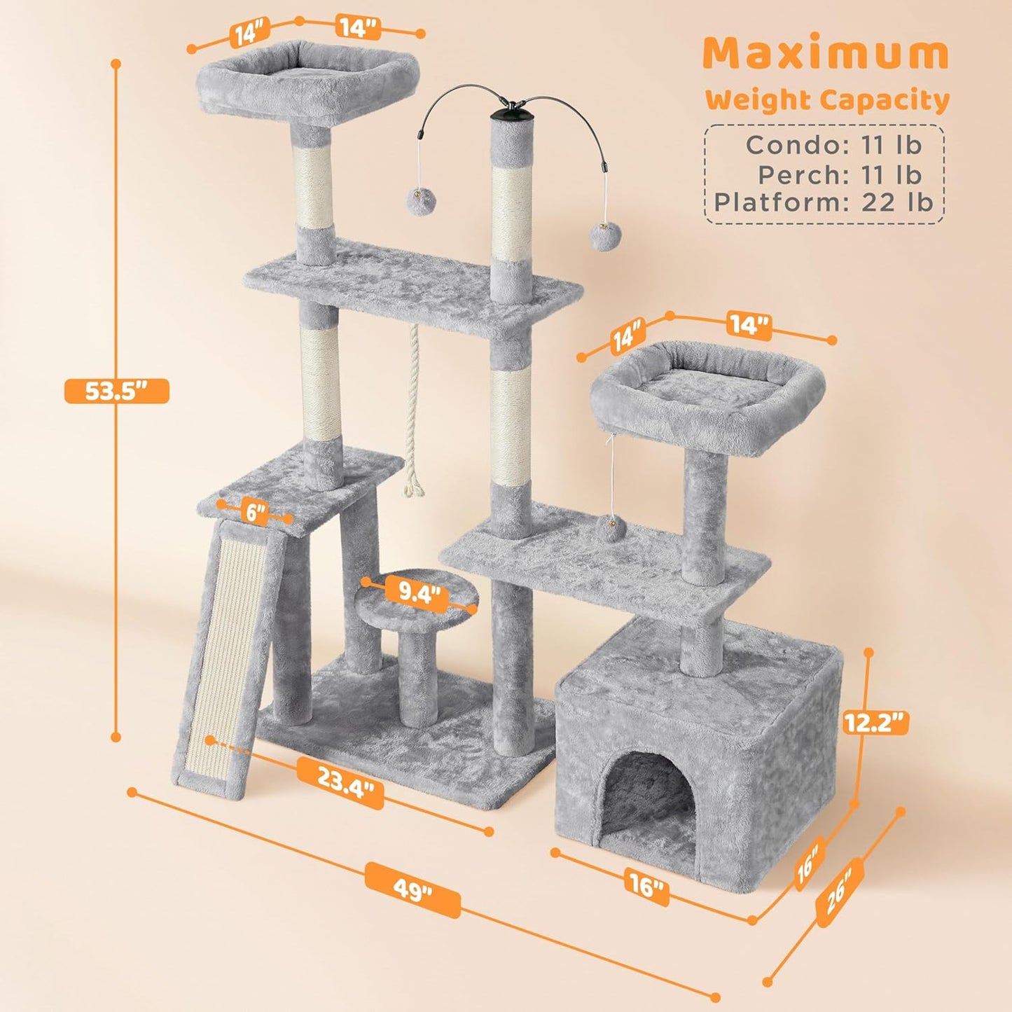 Cat Tree, 53.5 Inch Pet Play House with Sisal Scratching Posts, Condo, Perches, Wide Platform for Indoor Kittens/Adult Cats, Light Gray