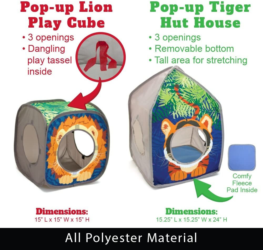 Safari Jungle Cat Play Set, Collapsible Pop-Up Cat Toys Combo with Cube, Tunnel & Hideout, Interactive Indoor Cat Playhouse for Exercise, Hiding & Lounging