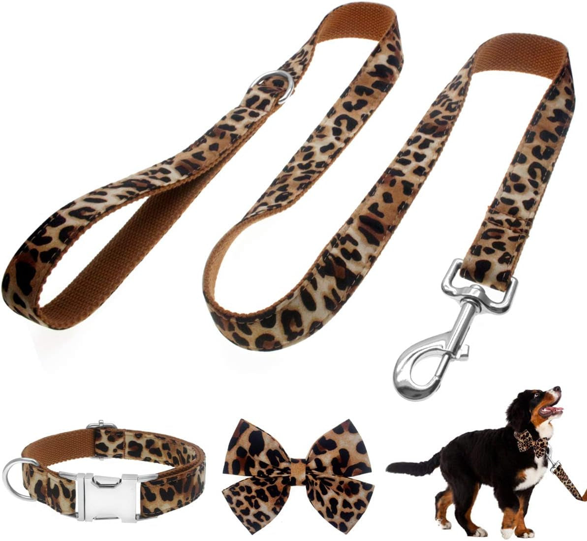 Dog Collar with Bow, Cotton & Webbing, Detachable Bowtie Dog Collar, Adjustable Dog Collars and Leash for Small Medium Large Dogs (S, Leopard Print)