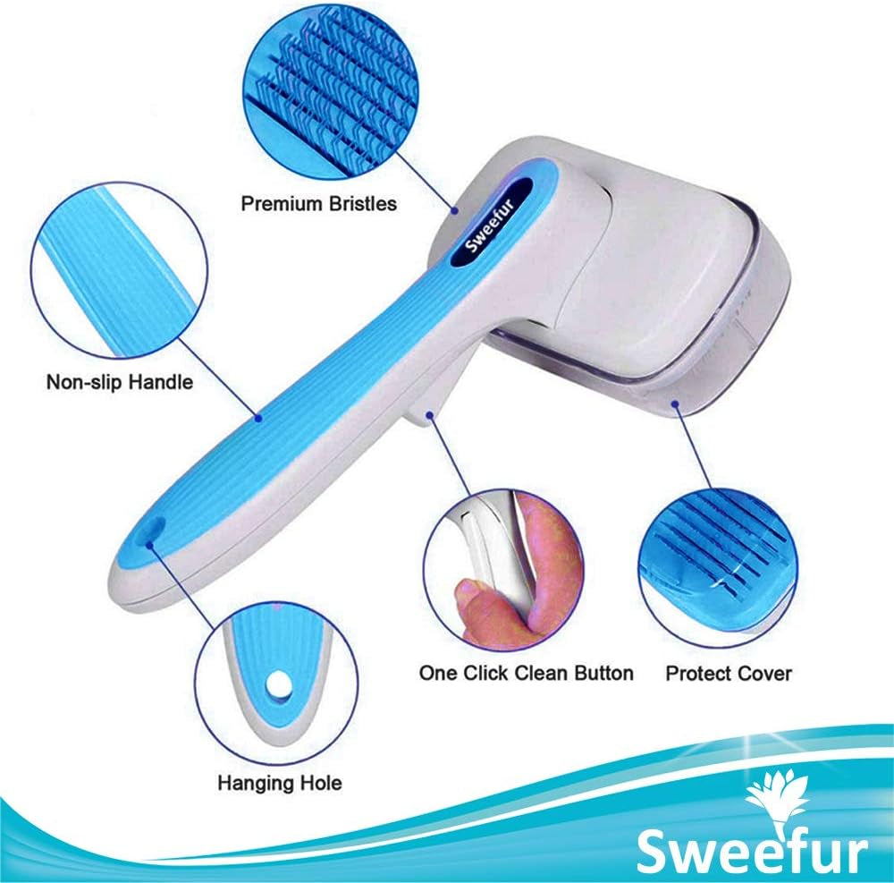 Automatic Pet Hair Removal Comb, Self-Cleaning Slicker Brush for Dogs & Cats- Grooming Shedding Brush for Small, Medium and Large Dogs and Cats- Pet Hair Brush with Soft Grip Handle- Blue
