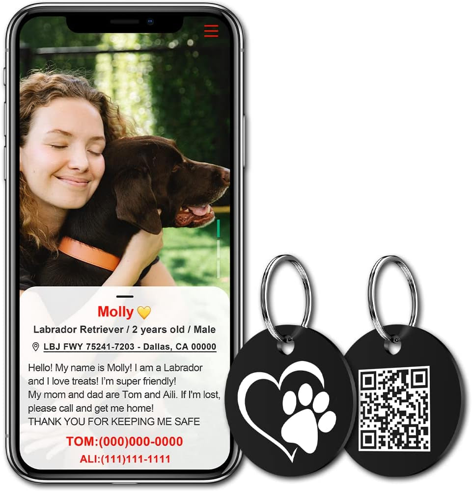 Stainless Steel QR Code Pet ID | Dog & Cat Collar Tag | Personalized Online Profile | Scanned Location Alert Email | Durable & Waterproof