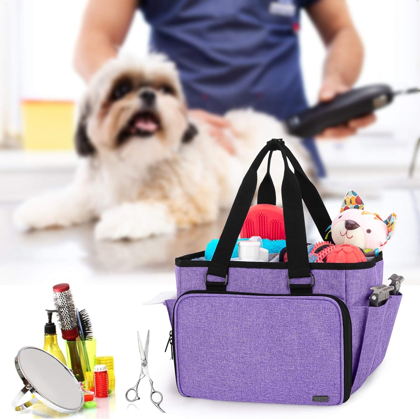 Dog Grooming Tote Bag, Cat Grooming Tools Organizer for Pets Grooming Kit and Supplies, Purple