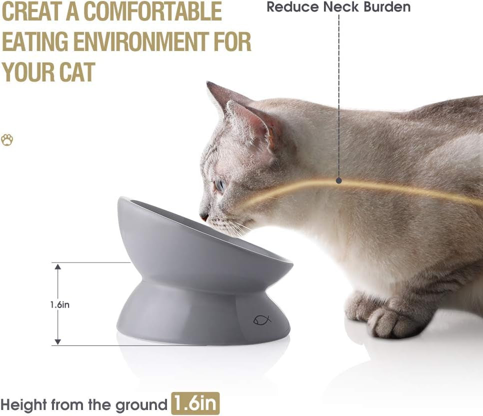 Ceramic Raised Cat Bowls, Slanted Cat Dish Food or Water Bowls, Elevated Porcelain Pet Feeder Bowl Protect Cat'S Spine, Stress Free, Backflow Prevention (Gray)