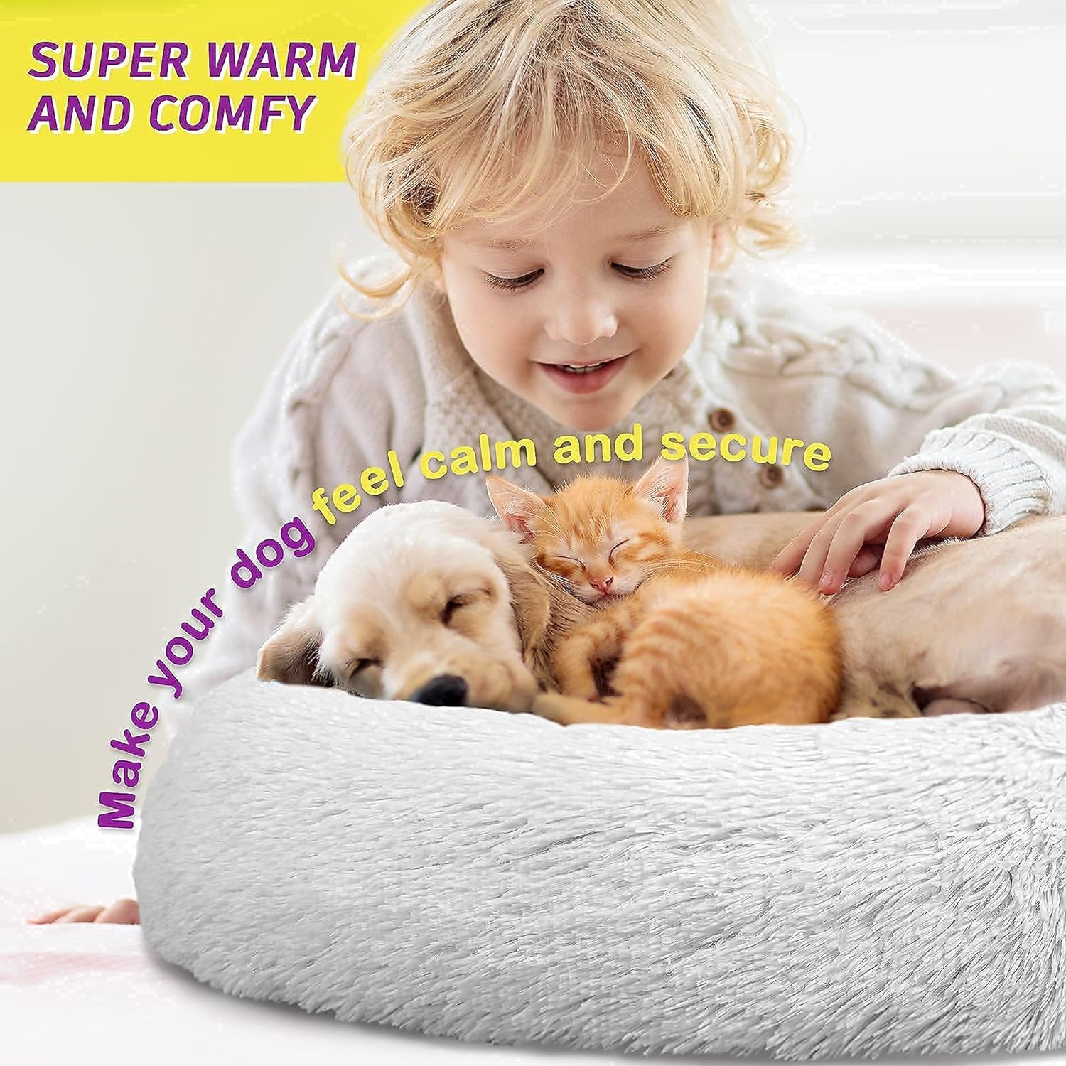 Calming Dog Bed for Small Dogs - Cozy Faux Fur anti Anxiety Dog Cuddler Bed – Ultra Soft Fluffy Donut Dog Bed – Luxury round Cat Cushion Bed – Comfy Plush Pet Bed for Small Dogs Cats (23 Inch, Frost)