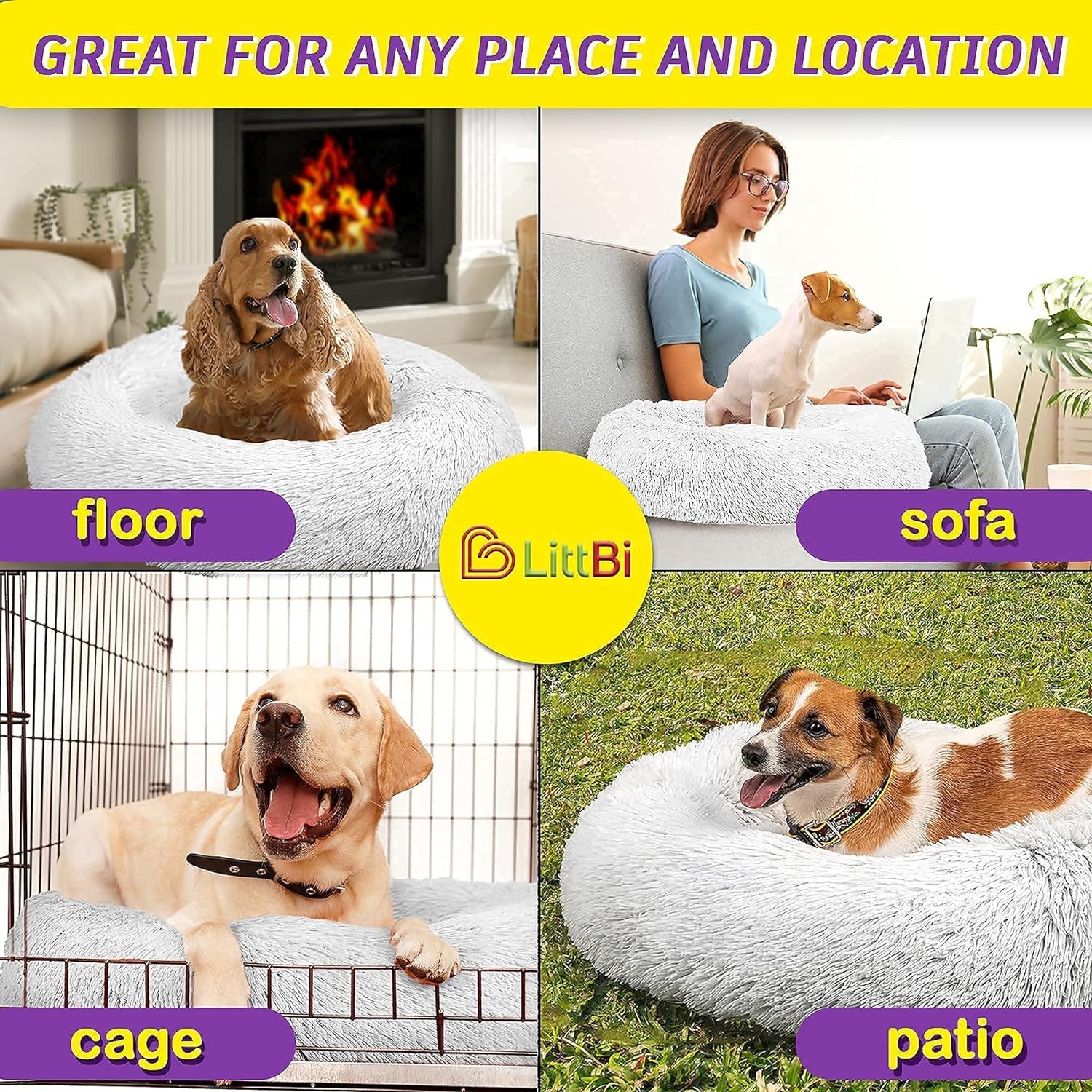 Calming Dog Bed for Small Dogs - Cozy Faux Fur anti Anxiety Dog Cuddler Bed – Ultra Soft Fluffy Donut Dog Bed – Luxury round Cat Cushion Bed – Comfy Plush Pet Bed for Small Dogs Cats (23 Inch, Frost)