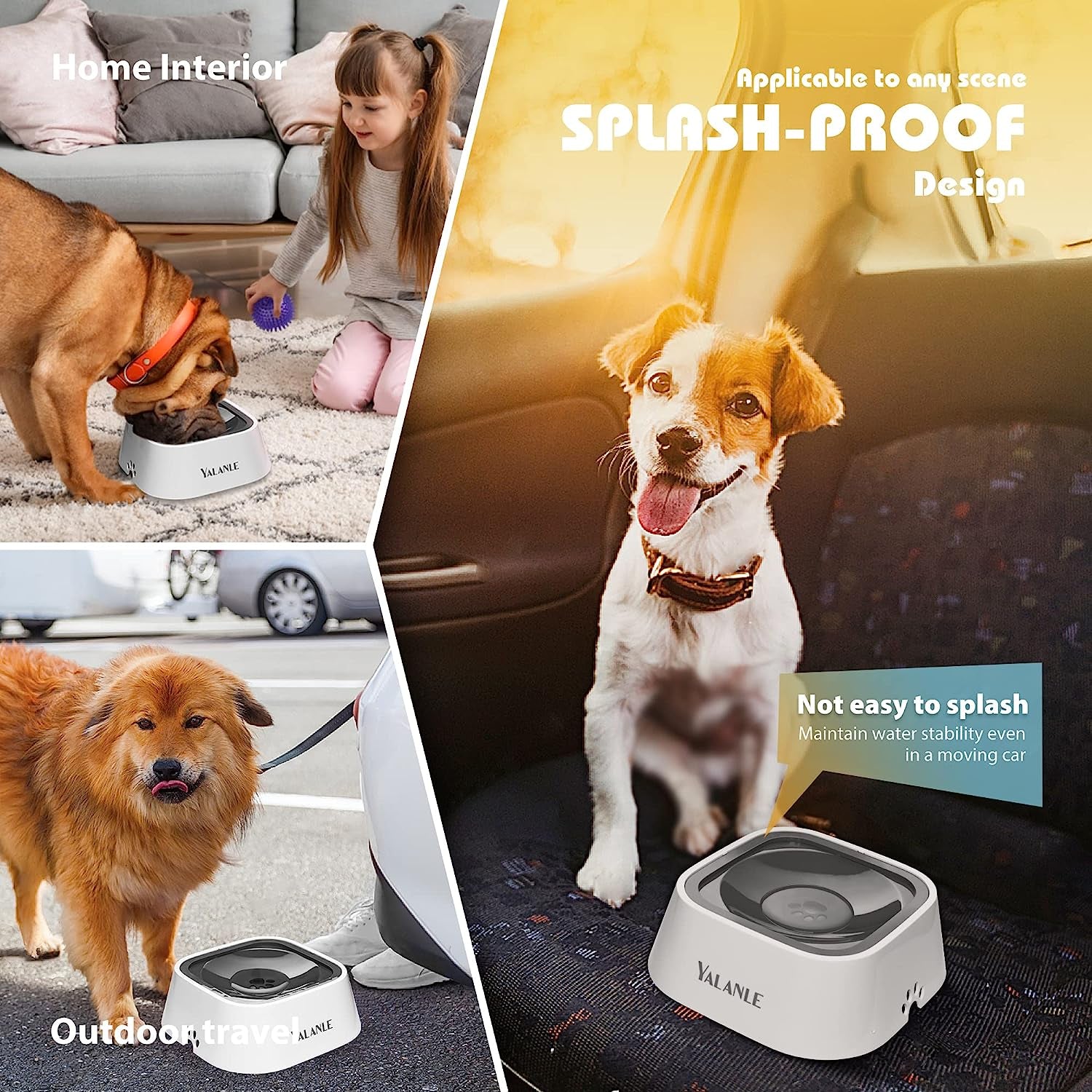 1L Dog Water Bowl No Spill, 35Oz Spill Proof Dog Water Bowl Reduce Refill, Slow Drinking Pet Bowl anti Splash No Mess for Vehicle/Outdoor/Indoor, White