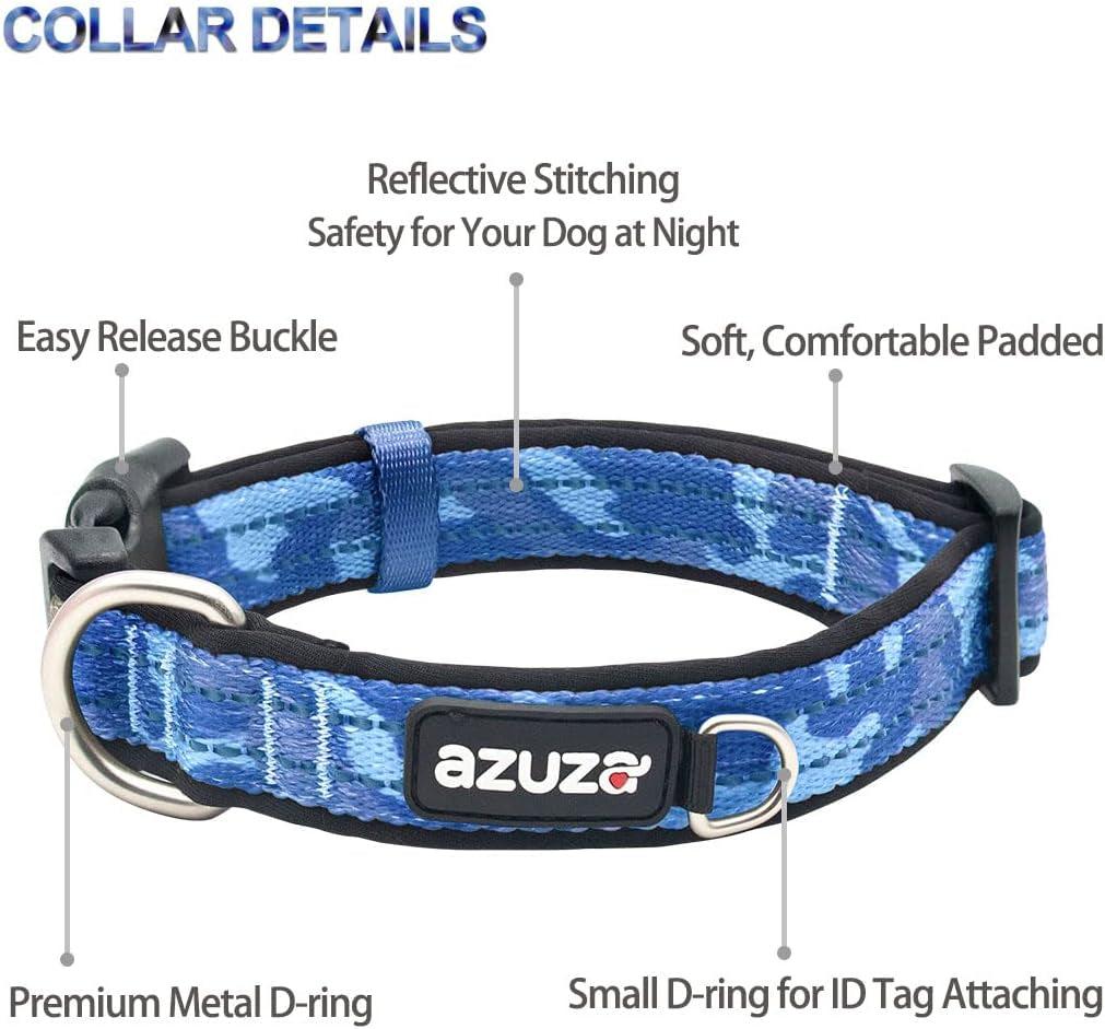 Reflective Dog Collar and Leash Set with Airtag Holder, Blue Camo Padded Collar with Matching Clip Handle Leash for Medium Dogs