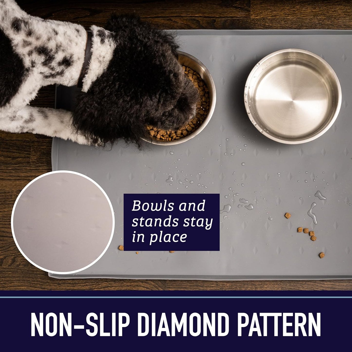 Waterproof Raised-Edge Dog Tray for Food & Water - Silicone Dog Food Mat, Non-Slip Pet Bowl Mat, Dishwasher-Safe Pet Placemat, XL 25 X 17 In, Gray