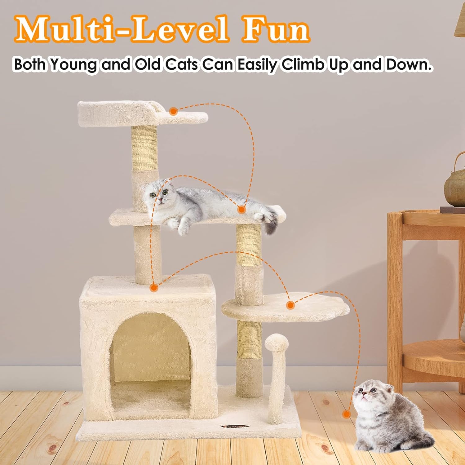 Cat Tree Tower,  Cat Condo Tree Climbing Frame Furniture with Scratching Post Cat House for Outdoor Indoor Cat Tower Cat Activity Centre for Sleeping and Playing (33.5" Beige)