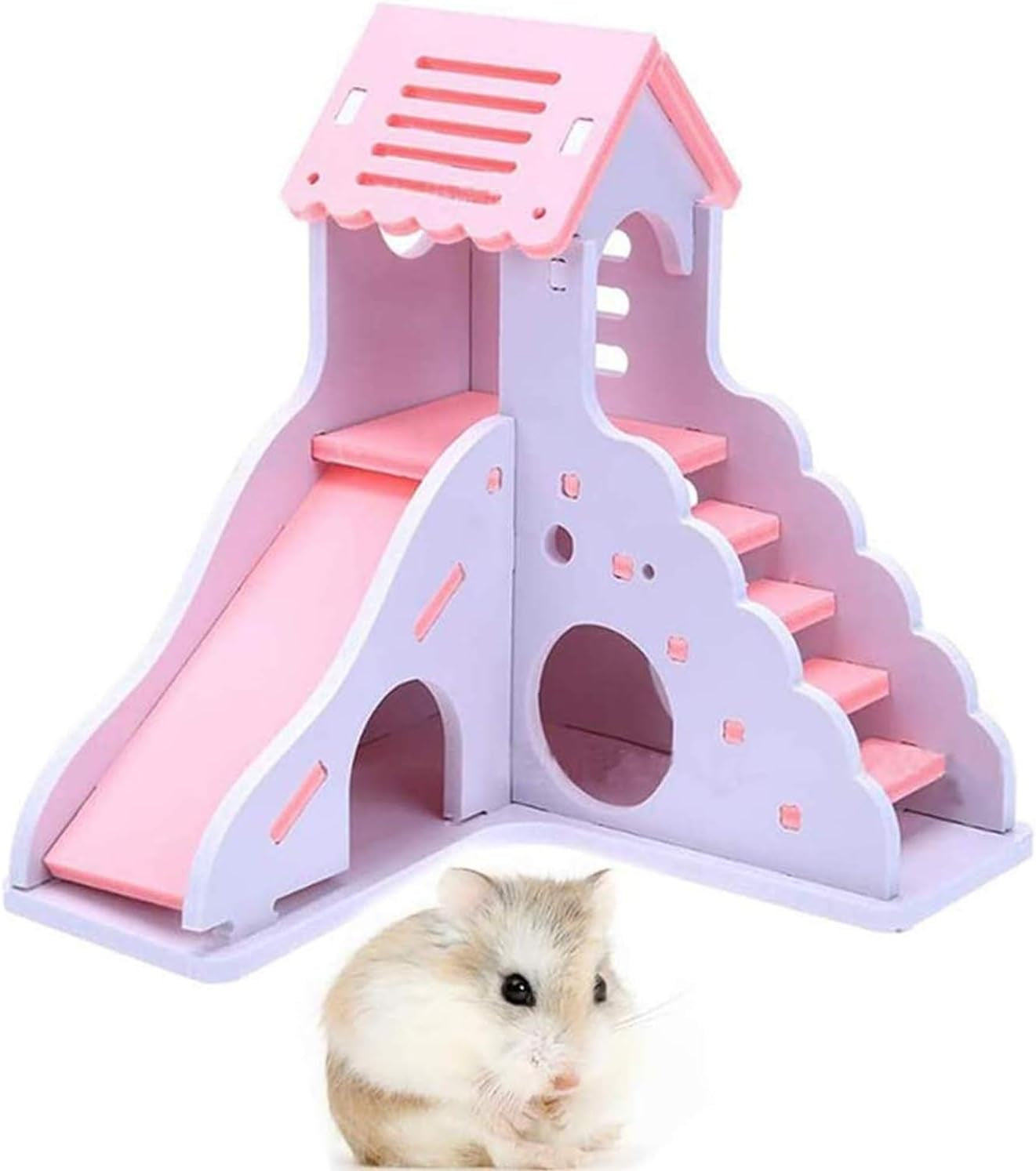 Hamster House Hideout Hideaway Exercise Toys for Rat，Dwarf Hamster Mouse Small Animal Kingdom,Durable Odorless Non-Toxic Wooden Deluxe 2-Story Hut (Pink)