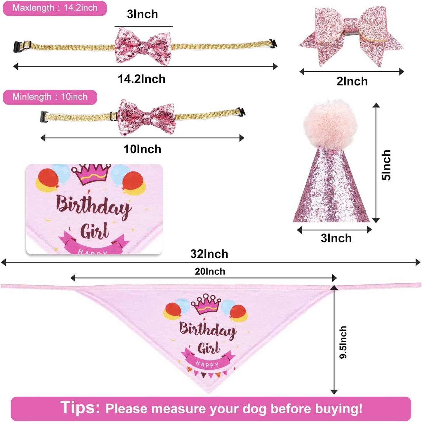 Dog Birthday Party Supplies Bandana Hat Banner Set Boy Girl Cute Bow Tie Scarf Birthday Decorations (Pink，Dog Girl)