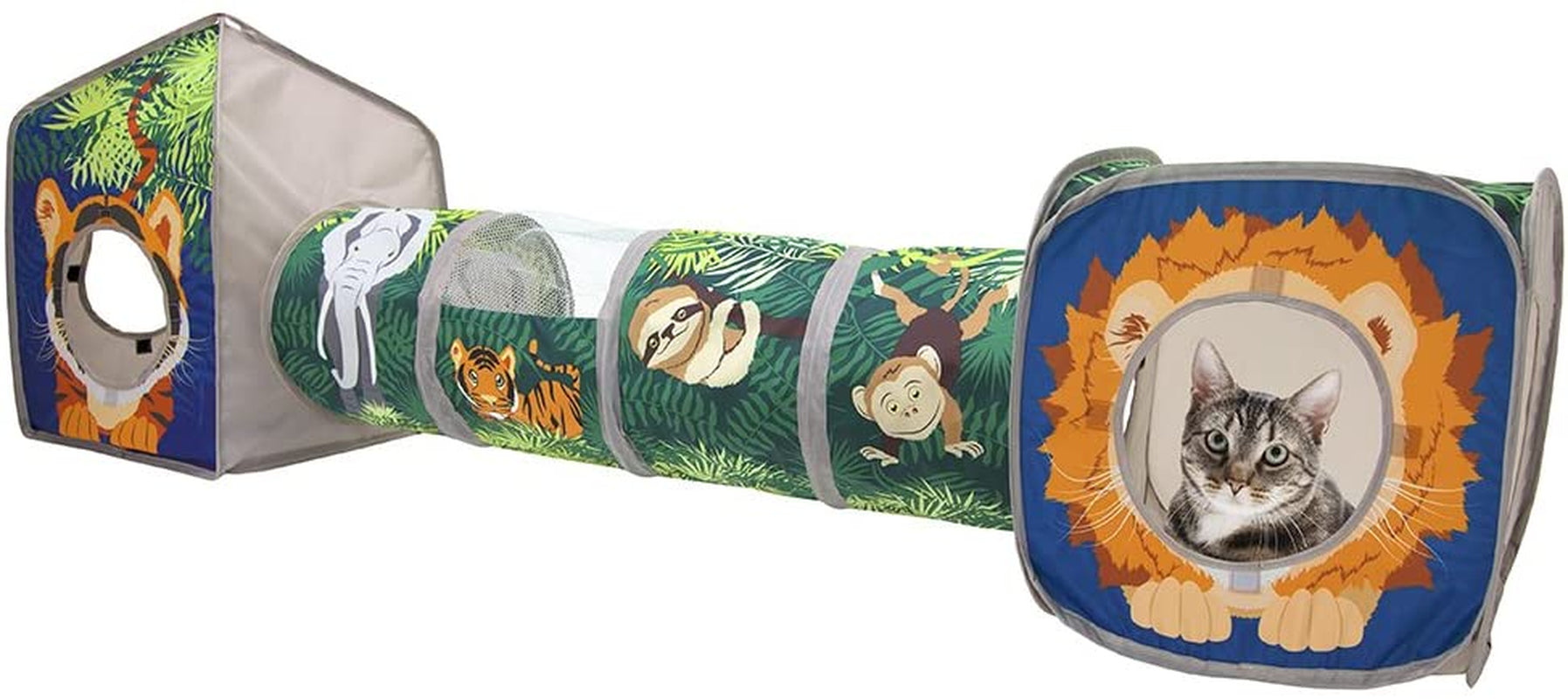 Safari Jungle Cat Play Set, Collapsible Pop-Up Cat Toys Combo with Cube, Tunnel & Hideout, Interactive Indoor Cat Playhouse for Exercise, Hiding & Lounging