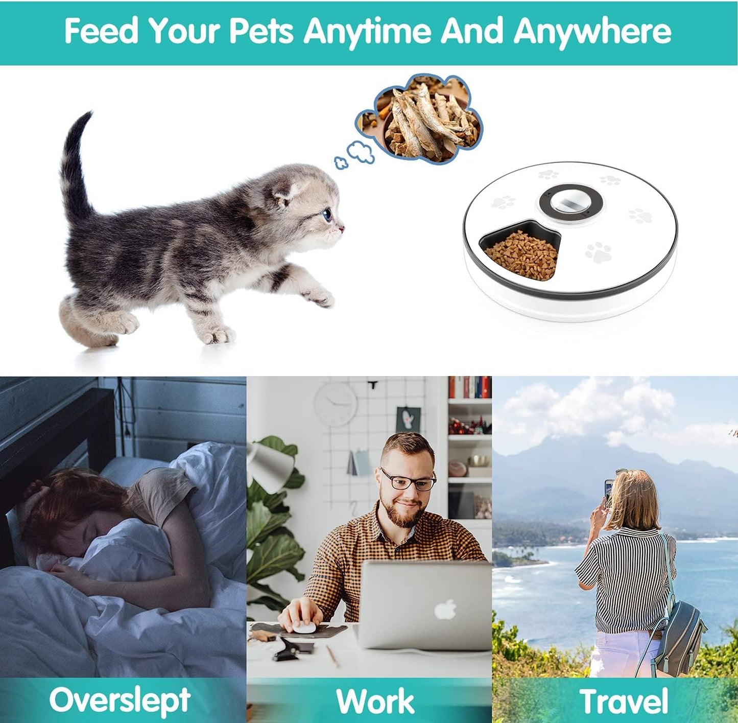 Automatic Cat Food Dispenser, Auto Cat Feeder - 6 Meals Pet Wet Food Dispenser for Small Dog with Programmable Timer Portion Control Timed Cat Feeder with Voice Reminder