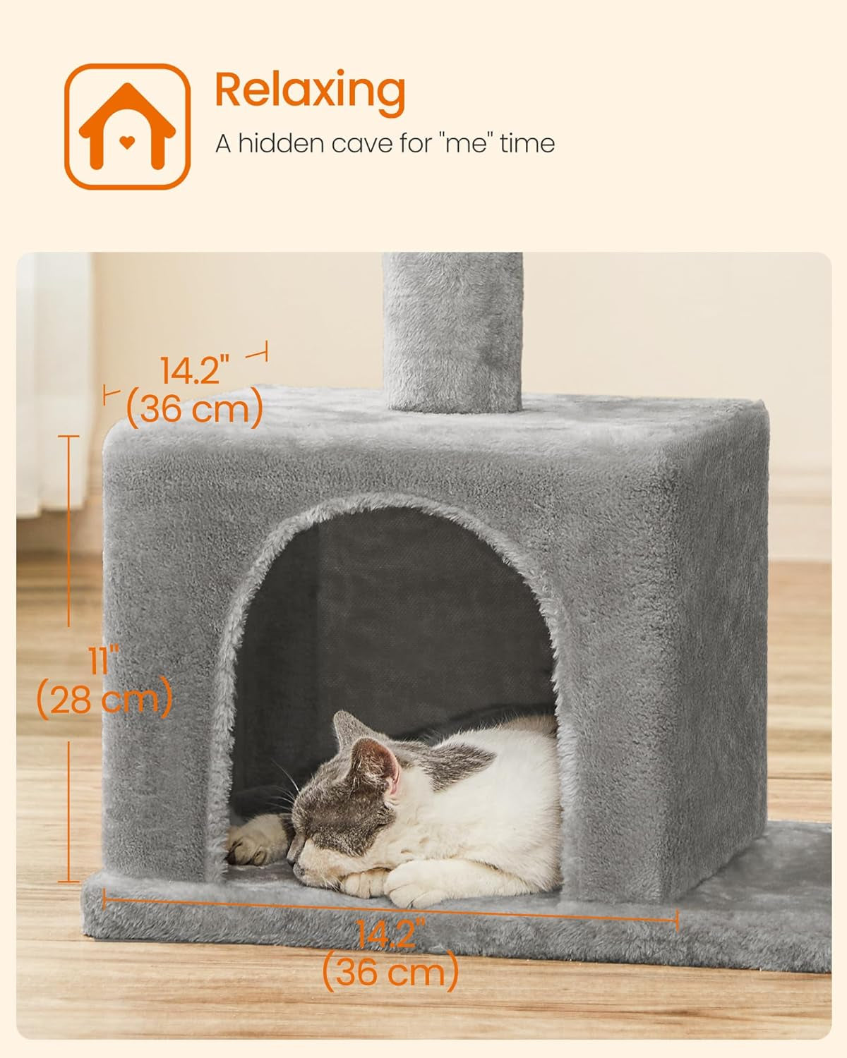 Cat Tree, 33.1-Inch Cat Tower, Plush Condo for Large Cats up to 16 Lb, Large Perch, 2 Caves, Scratching Post, Light Gray UPCT61W