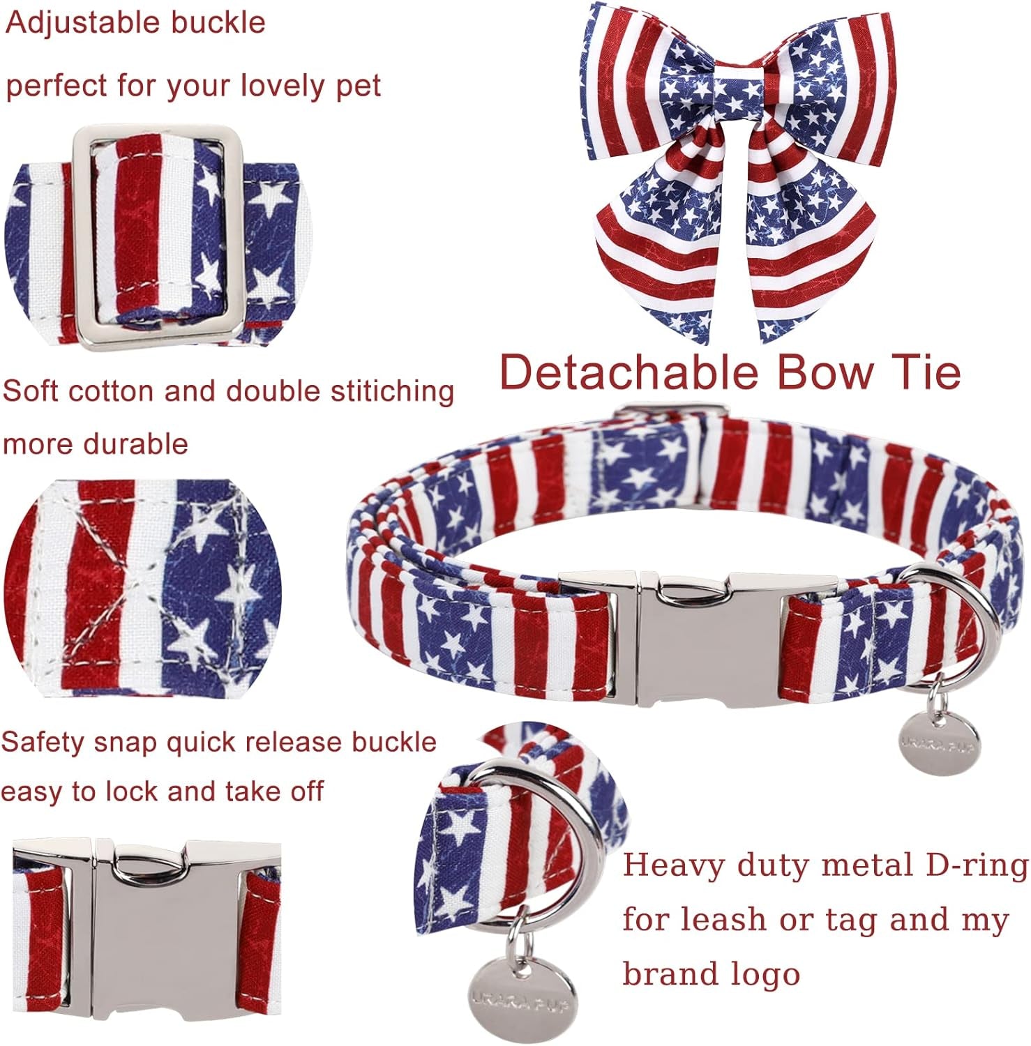 Patriotic Dog Collar with Bow Tie, 4Th of July Bowtie Dog Collar, American Flag Collar for Medium Boy Girl Dog, Comfortable Summer Bowtie Collar with Metal Buckle, M