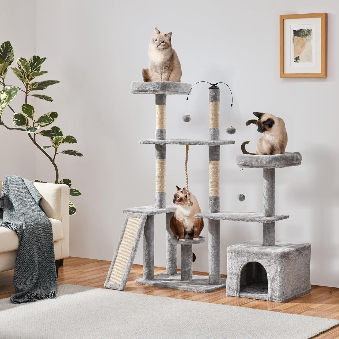 Cat Tree, 53.5 Inch Pet Play House with Sisal Scratching Posts, Condo, Perches, Wide Platform for Indoor Kittens/Adult Cats, Light Gray