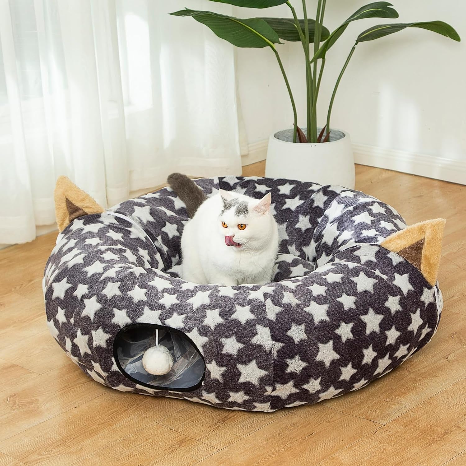 Large Cat Tunnel Bed under Christmas Tree with Fluffy Toy Balls, Small Cushion and Flexible Design- 10 Inch Diameter, 3 Ft Length- Great for Cats, and Small Dogs, Gray Star Pattern