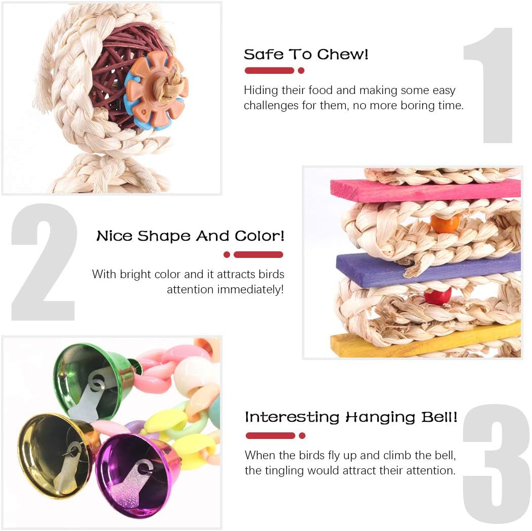 3 Pack Bird Toys Set, Hanging Bells, Rattan Balls and Twisted String for Parrots, Parakeet, Conure, Cockatiel, Mynah, Love Birds Small Parakeet Cages Decorative Accessories