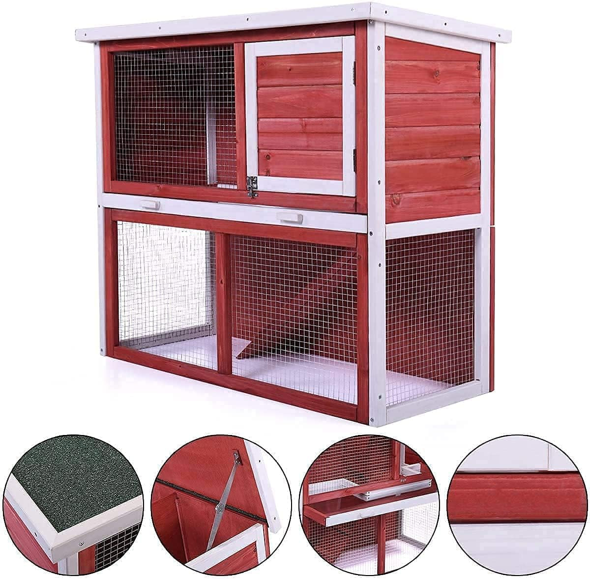 Rabbit Hutch, Bunny Rabbit Cage Indoor Outdoor Chicken Coop Guinea Pig Cage Pet House with Waterproof Roof and Pull Out Tray(Red)
