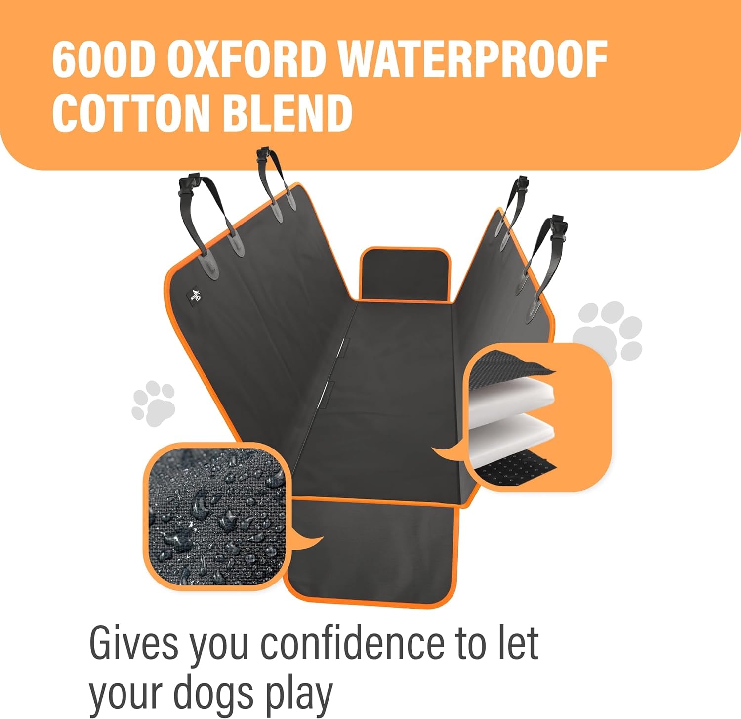 XL Waterproof Hammock Large Car Seat Cover, Fits Suvs Trucks Big Sedans, Secure Convertible Travel Bed Protects Backseat Cargo from Dog Puppy Pet Water Food Drool Urine, Black Orange Trim