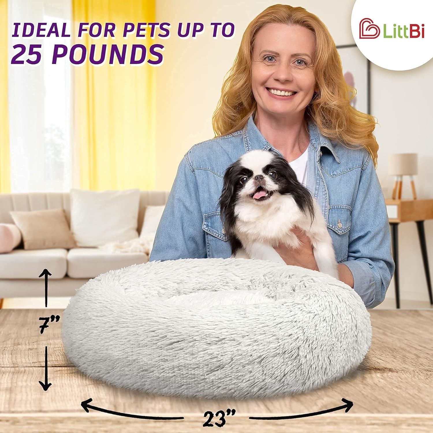 Calming Dog Bed for Small Dogs - Cozy Faux Fur anti Anxiety Dog Cuddler Bed – Ultra Soft Fluffy Donut Dog Bed – Luxury round Cat Cushion Bed – Comfy Plush Pet Bed for Small Dogs Cats (23 Inch, Frost)