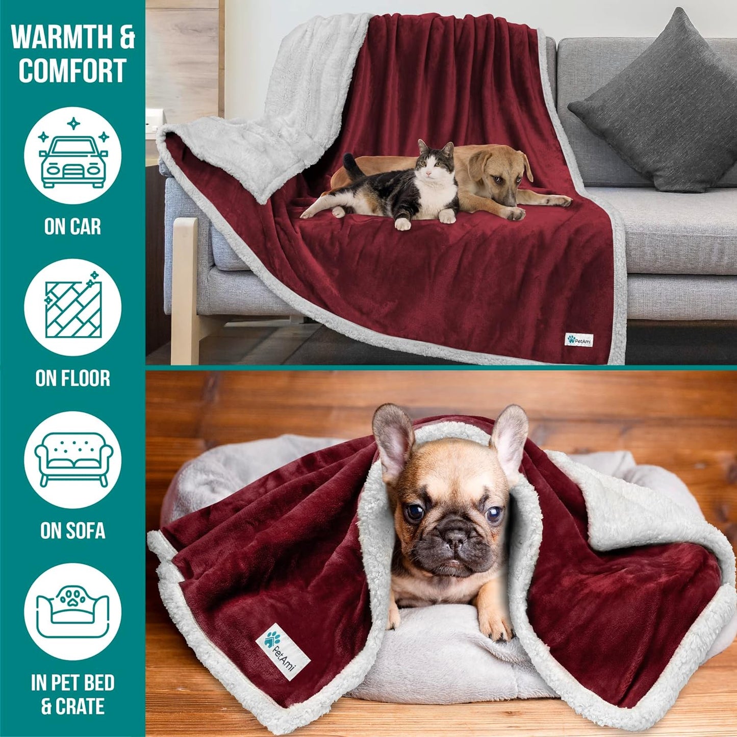 Dog Blanket for Small Medium Dogs, Pet Bed Blanket Cat Puppy Kitten, Fleece Furniture Couch Cover Protector Sofa Car, Soft Sherpa Dog Throw Plush Reversible Washable, Mini 29X40 Maroon Red