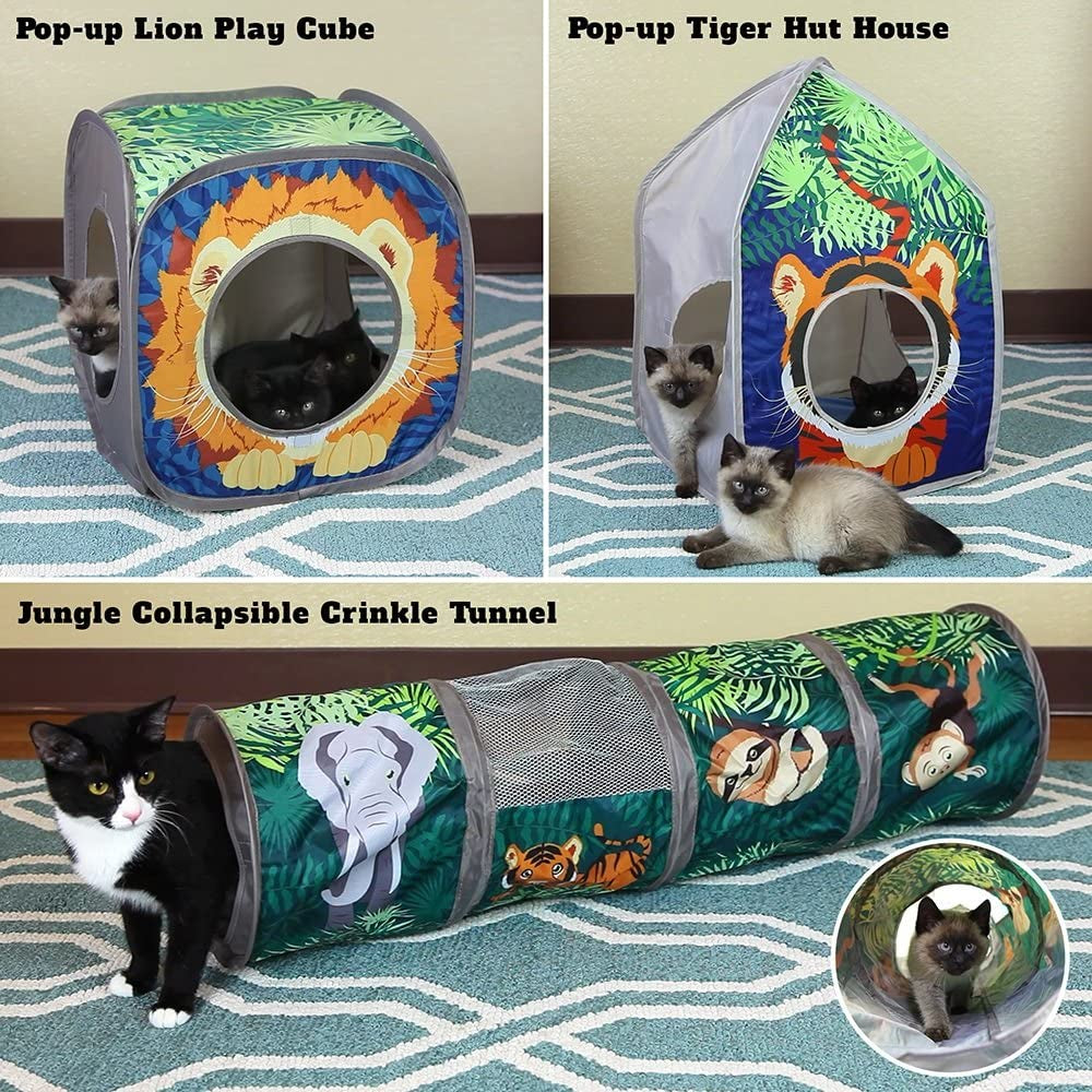 Safari Jungle Cat Play Set, Collapsible Pop-Up Cat Toys Combo with Cube, Tunnel & Hideout, Interactive Indoor Cat Playhouse for Exercise, Hiding & Lounging