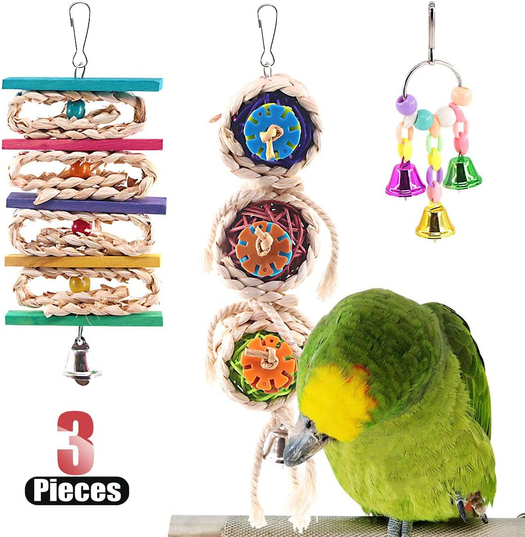 3 Pack Bird Toys Set, Hanging Bells, Rattan Balls and Twisted String for Parrots, Parakeet, Conure, Cockatiel, Mynah, Love Birds Small Parakeet Cages Decorative Accessories