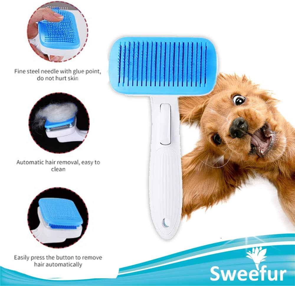 Automatic Pet Hair Removal Comb, Self-Cleaning Slicker Brush for Dogs & Cats- Grooming Shedding Brush for Small, Medium and Large Dogs and Cats- Pet Hair Brush with Soft Grip Handle- Blue