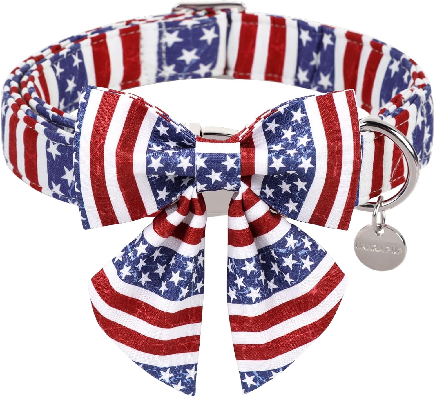 Patriotic Dog Collar with Bow Tie, 4Th of July Bowtie Dog Collar, American Flag Collar for Medium Boy Girl Dog, Comfortable Summer Bowtie Collar with Metal Buckle, M