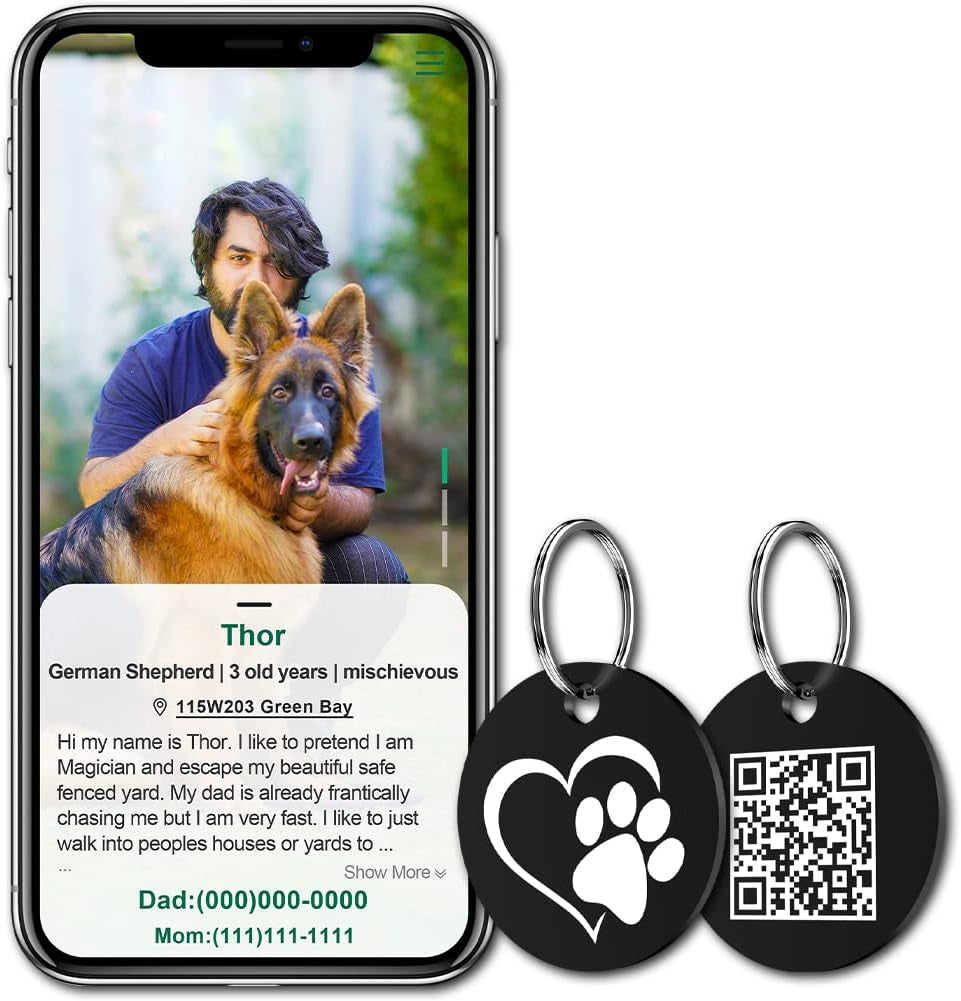 Stainless Steel QR Code Pet ID | Dog & Cat Collar Tag | Personalized Online Profile | Scanned Location Alert Email | Durable & Waterproof