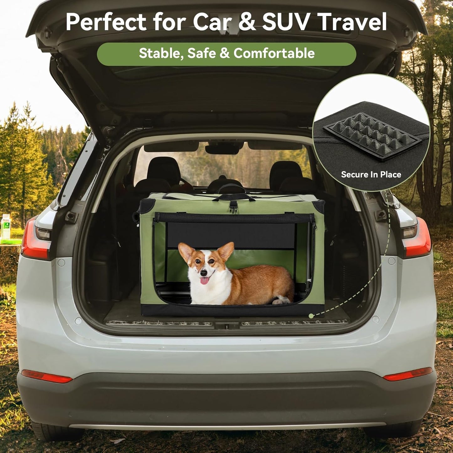 Soft Dog Crate, Dog Travel Crate - 36 Inch Lightweight, Easy Setup, Sturdy Portable Dog Crate, Adjustable Framework with 3 Mesh Door, Soft Sided Collapsible Dog Kennel Green