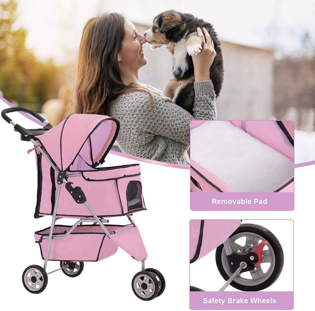 3 Wheels Pet Dog Stroller Cat Cage for Medium Small Dogs Cats Travel Folding Carrier Waterproof Puppy Stroller with Cup Holder & Removable Liner,Pink
