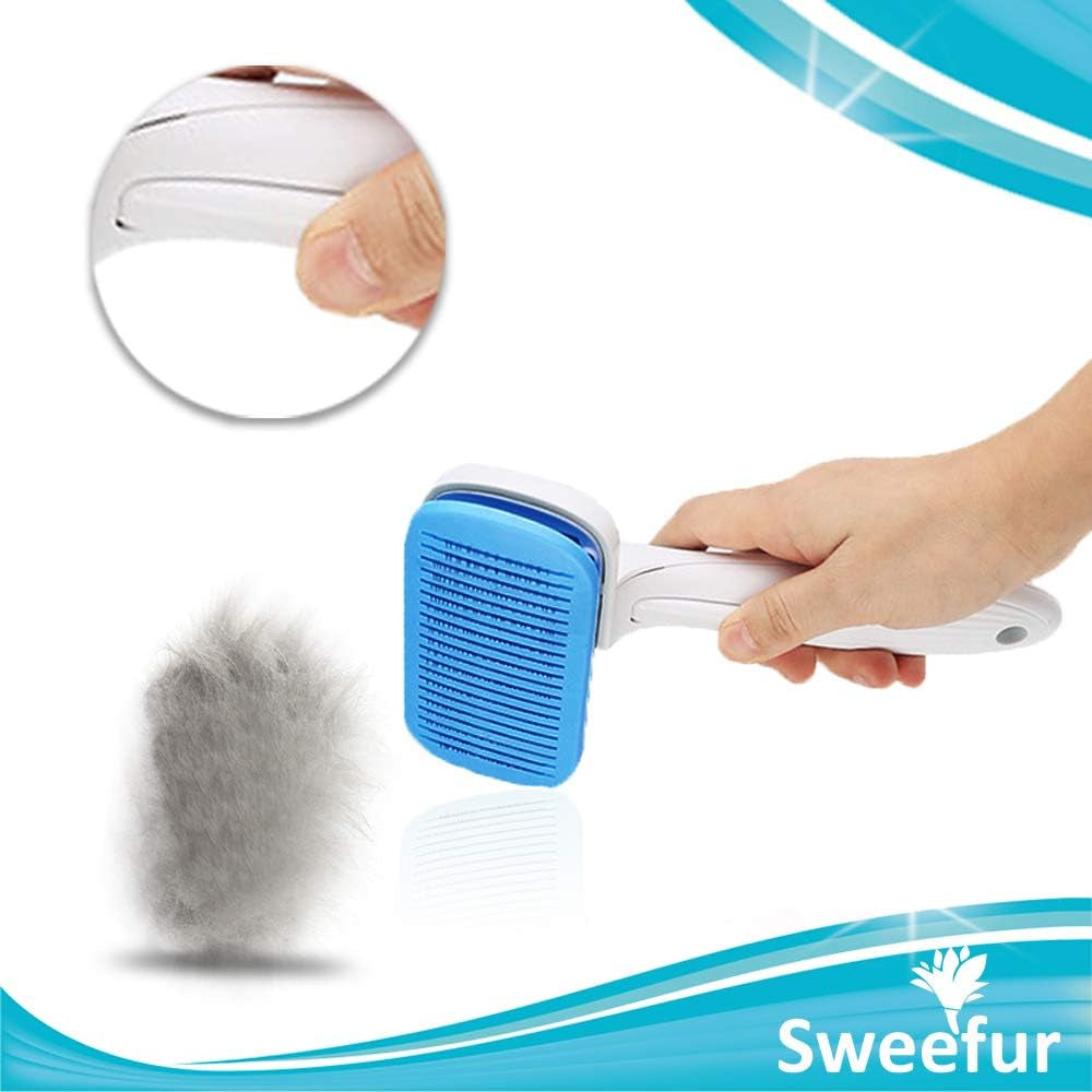 Automatic Pet Hair Removal Comb, Self-Cleaning Slicker Brush for Dogs & Cats- Grooming Shedding Brush for Small, Medium and Large Dogs and Cats- Pet Hair Brush with Soft Grip Handle- Blue