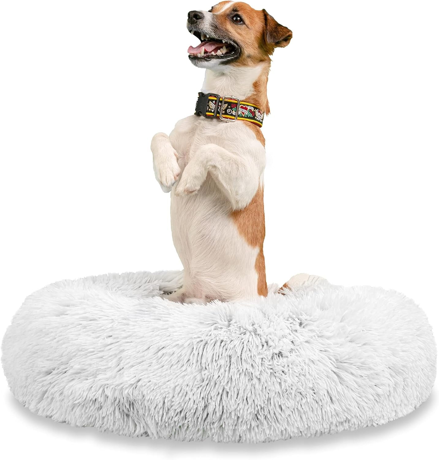 Calming Dog Bed for Small Dogs - Cozy Faux Fur anti Anxiety Dog Cuddler Bed – Ultra Soft Fluffy Donut Dog Bed – Luxury round Cat Cushion Bed – Comfy Plush Pet Bed for Small Dogs Cats (23 Inch, Frost)