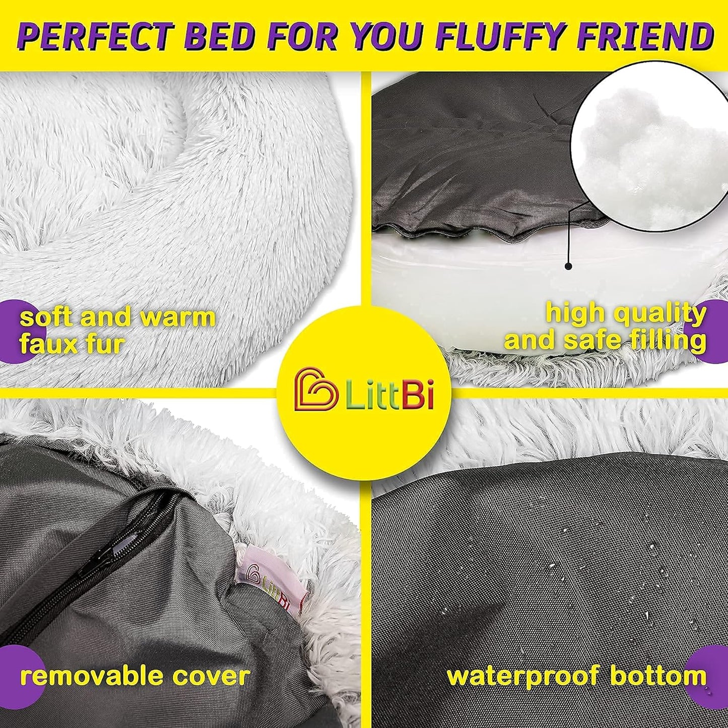 Calming Dog Bed for Small Dogs - Cozy Faux Fur anti Anxiety Dog Cuddler Bed – Ultra Soft Fluffy Donut Dog Bed – Luxury round Cat Cushion Bed – Comfy Plush Pet Bed for Small Dogs Cats (23 Inch, Frost)