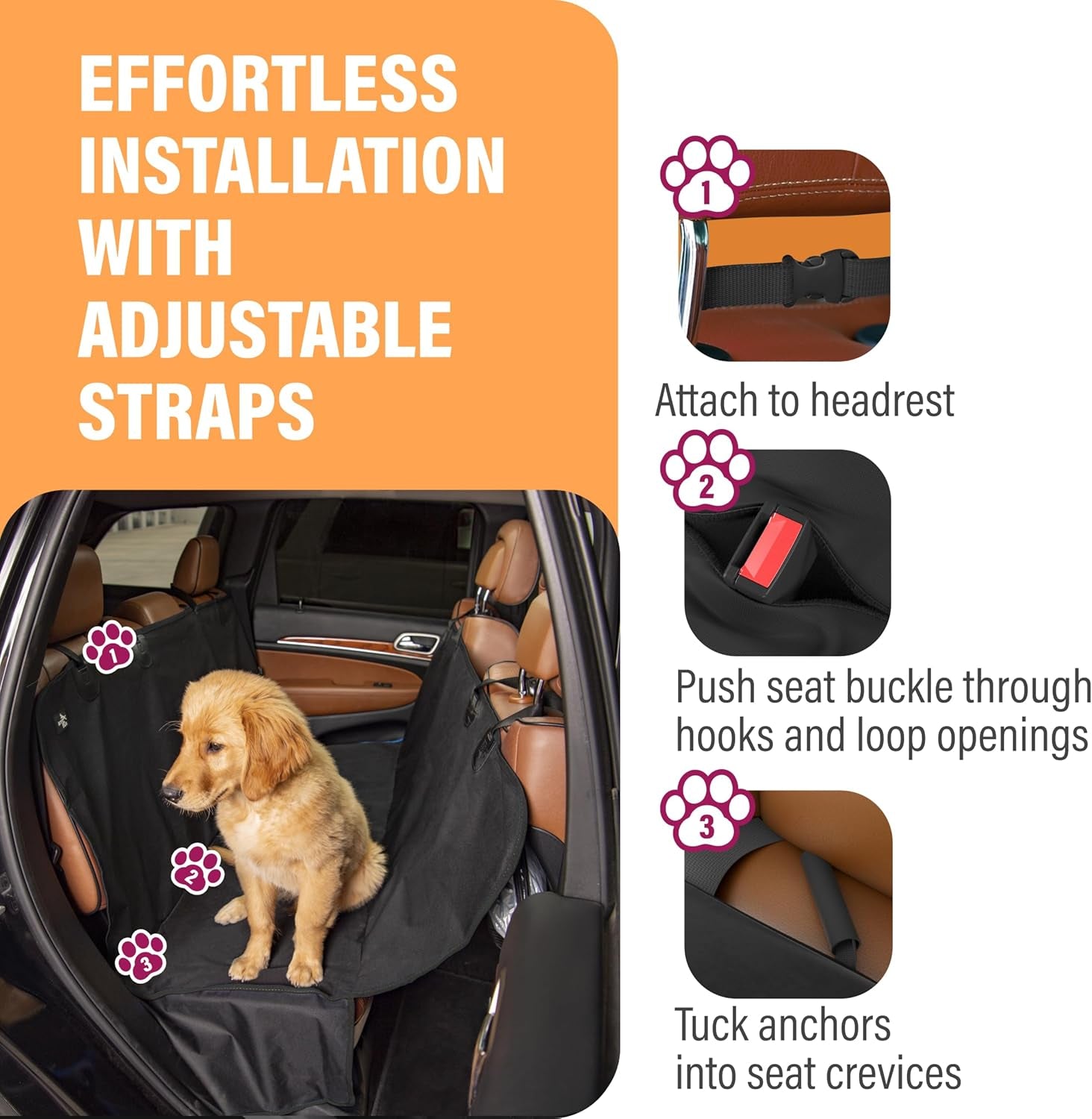 XL Waterproof Hammock Large Car Seat Cover, Fits Suvs Trucks Big Sedans, Secure Convertible Travel Bed Protects Backseat Cargo from Dog Puppy Pet Water Food Drool Urine, Black Orange Trim