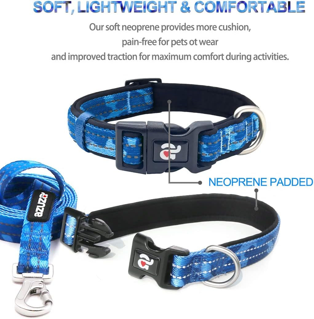 Reflective Dog Collar and Leash Set with Airtag Holder, Blue Camo Padded Collar with Matching Clip Handle Leash for Medium Dogs