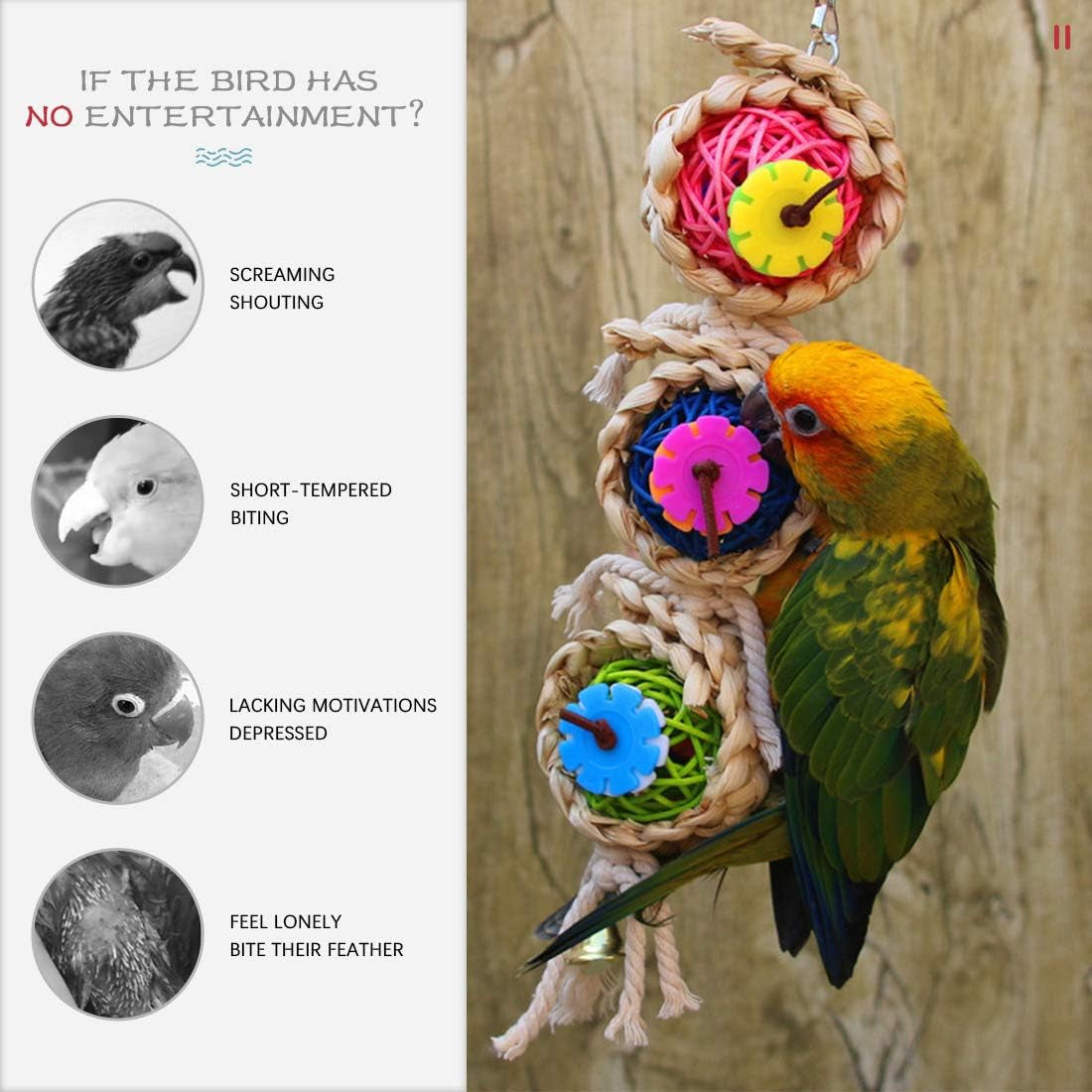 3 Pack Bird Toys Set, Hanging Bells, Rattan Balls and Twisted String for Parrots, Parakeet, Conure, Cockatiel, Mynah, Love Birds Small Parakeet Cages Decorative Accessories