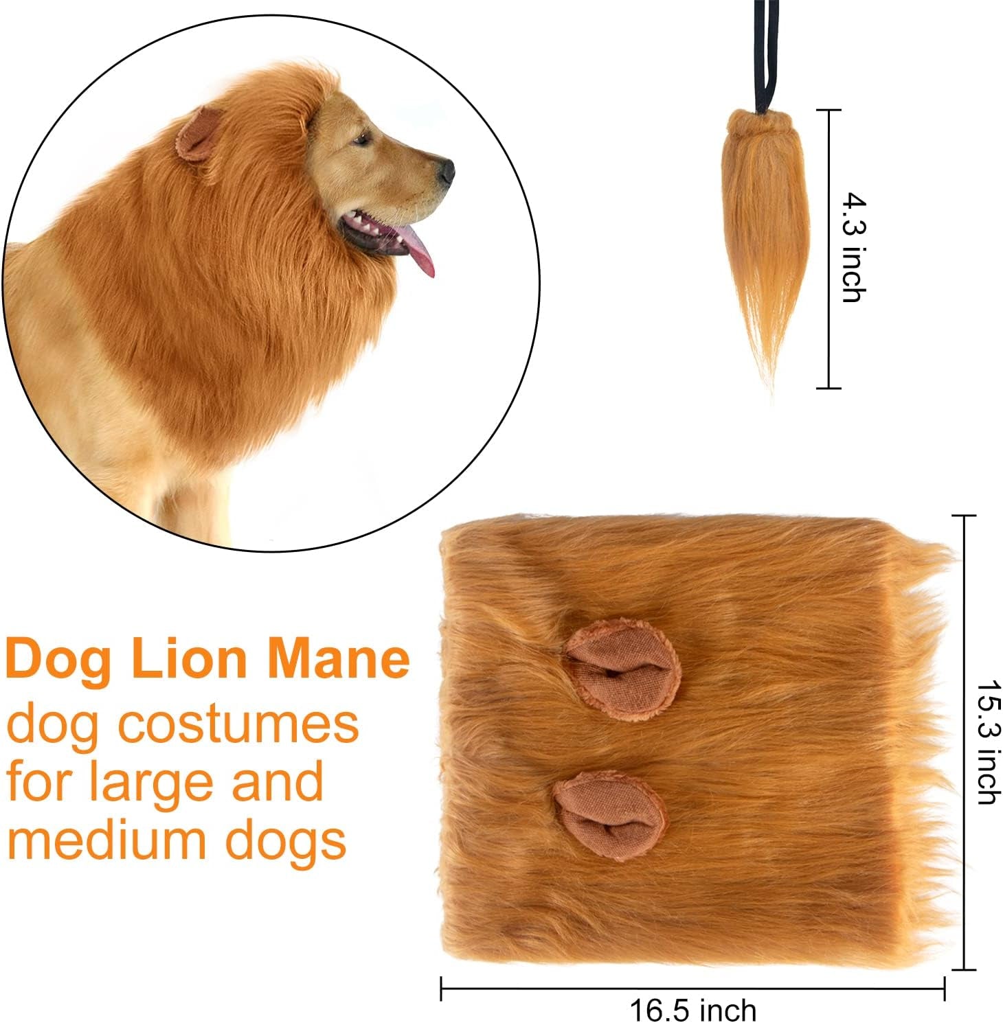 Lion Mane for Dog Costumes, Realistic Wig for Medium to Large Sized Dogs, Halloween Costumes (Brown)