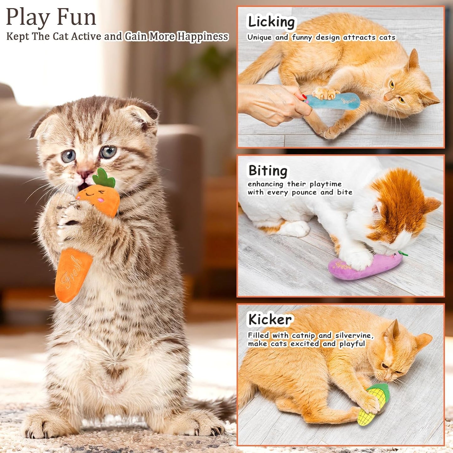 Catnip Cat Toys, 5 Pack, Plush Cat Nip Toys for Indoor Kitten Kitty, Interactive Cat Kicker Chew Safe Teeth Cleaning Toys, Fun Vegetable Shape