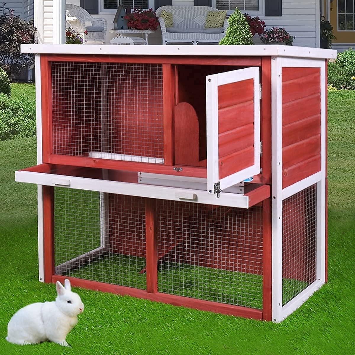 Rabbit Hutch, Bunny Rabbit Cage Indoor Outdoor Chicken Coop Guinea Pig Cage Pet House with Waterproof Roof and Pull Out Tray(Red)