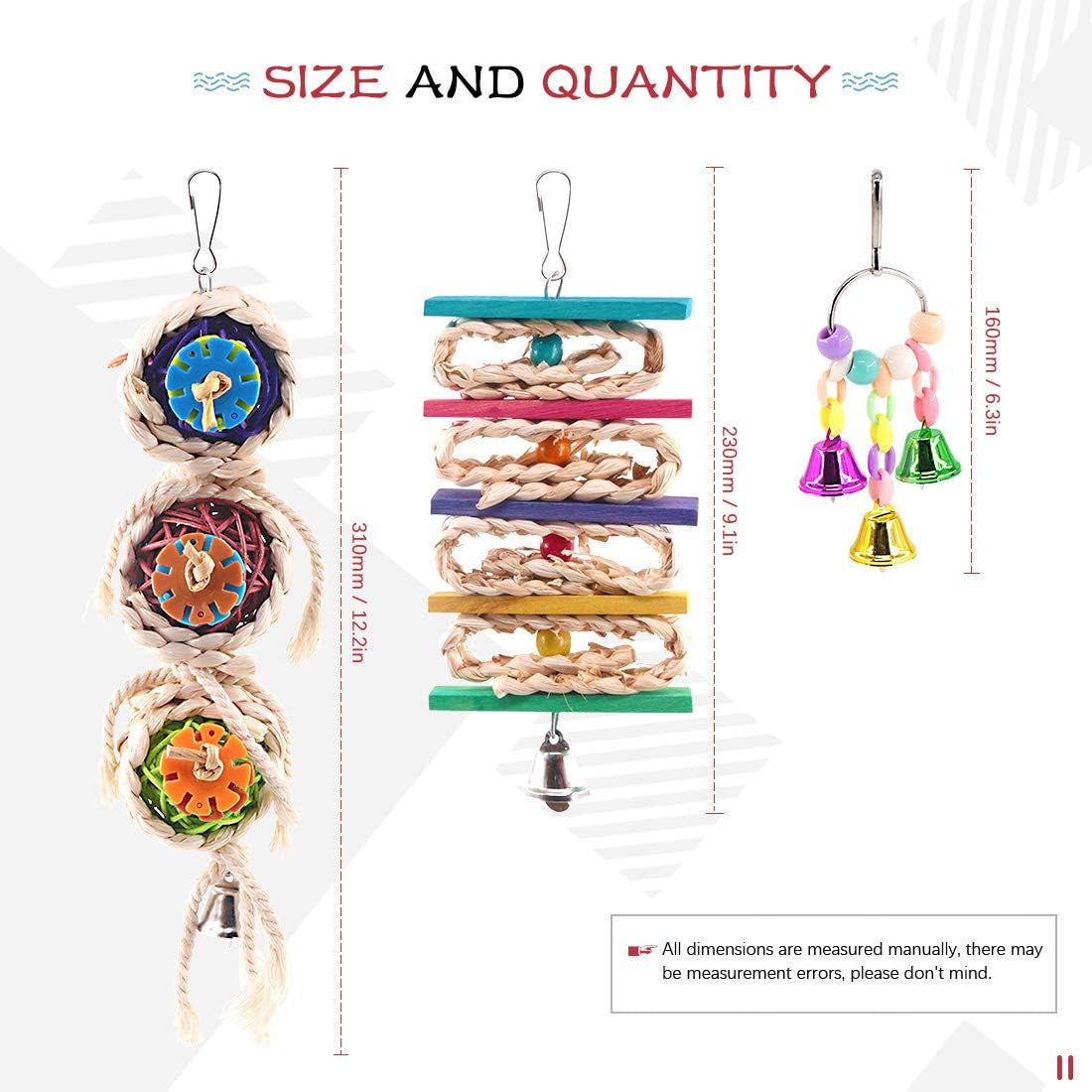 3 Pack Bird Toys Set, Hanging Bells, Rattan Balls and Twisted String for Parrots, Parakeet, Conure, Cockatiel, Mynah, Love Birds Small Parakeet Cages Decorative Accessories