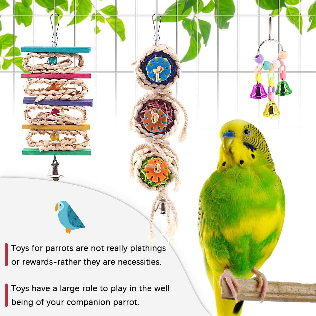 3 Pack Bird Toys Set, Hanging Bells, Rattan Balls and Twisted String for Parrots, Parakeet, Conure, Cockatiel, Mynah, Love Birds Small Parakeet Cages Decorative Accessories