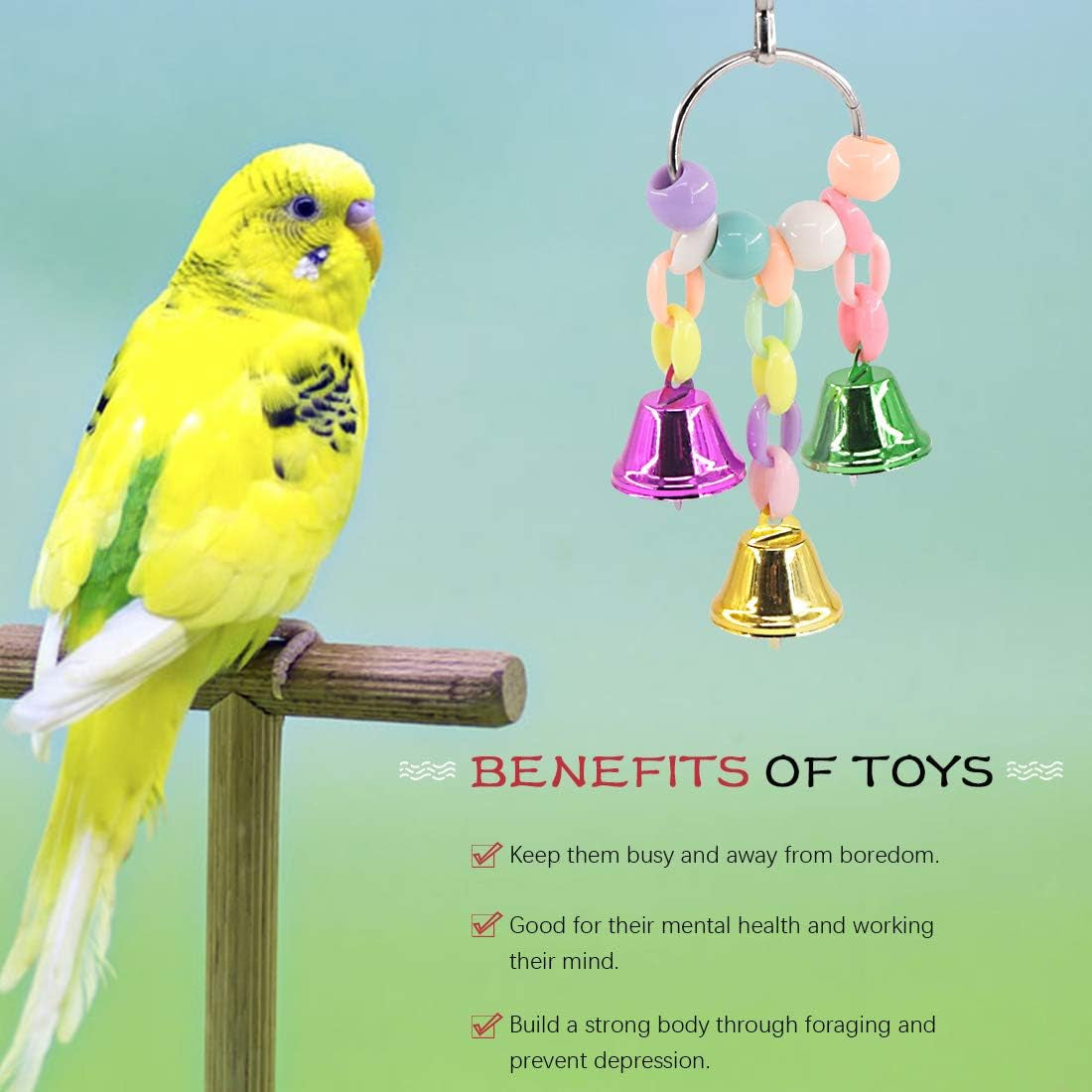 3 Pack Bird Toys Set, Hanging Bells, Rattan Balls and Twisted String for Parrots, Parakeet, Conure, Cockatiel, Mynah, Love Birds Small Parakeet Cages Decorative Accessories