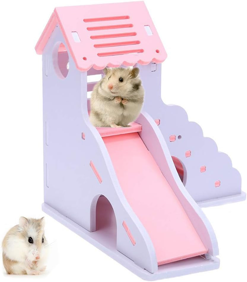 Hamster House Hideout Hideaway Exercise Toys for Rat，Dwarf Hamster Mouse Small Animal Kingdom,Durable Odorless Non-Toxic Wooden Deluxe 2-Story Hut (Pink)