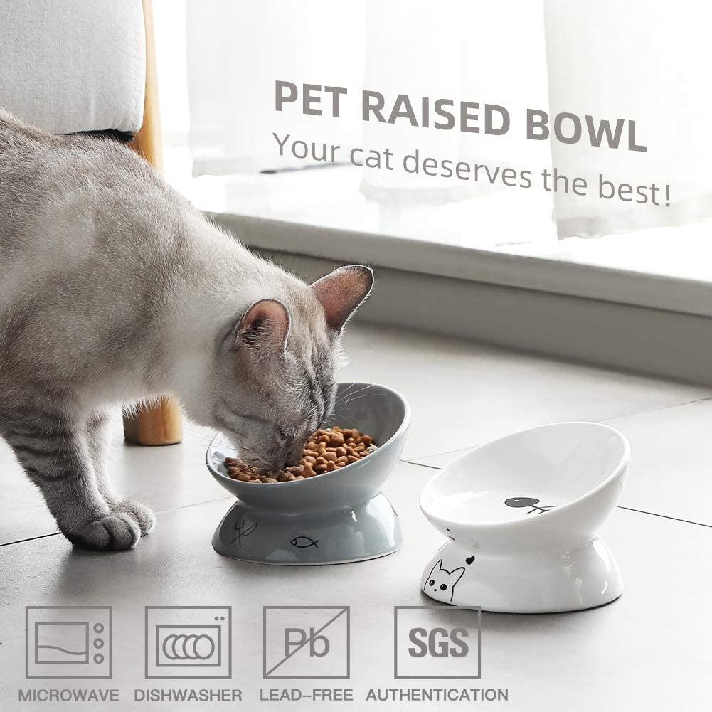Ceramic Raised Cat Bowls, Slanted Cat Dish Food or Water Bowls, Elevated Porcelain Pet Feeder Bowl Protect Cat'S Spine, Stress Free, Backflow Prevention (Gray)