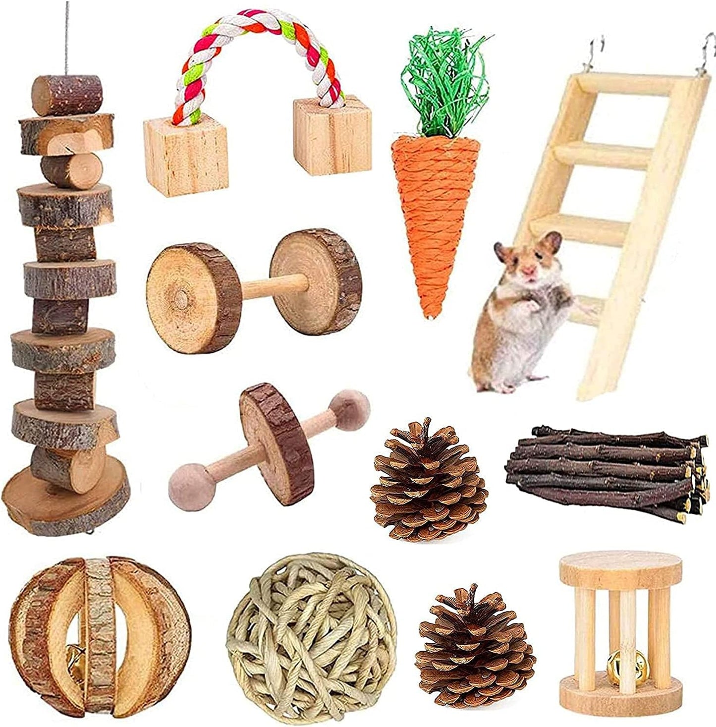 Hamster Chew Toys, Guinea Pig Toys Natural Wooden Pine Rats Chinchillas Toys Accessories Dumbells Exercise Bell Roller Teeth Care Molar Toy for Birds Bunny Rabbits Gerbils (Toy-4)