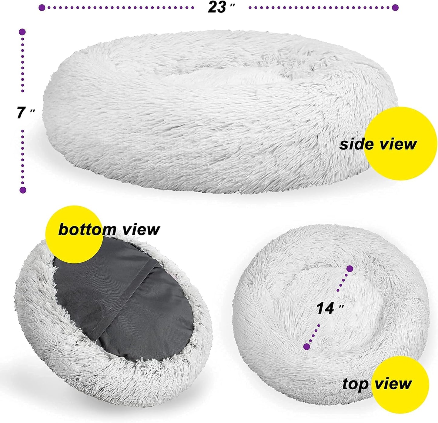 Calming Dog Bed for Small Dogs - Cozy Faux Fur anti Anxiety Dog Cuddler Bed – Ultra Soft Fluffy Donut Dog Bed – Luxury round Cat Cushion Bed – Comfy Plush Pet Bed for Small Dogs Cats (23 Inch, Frost)