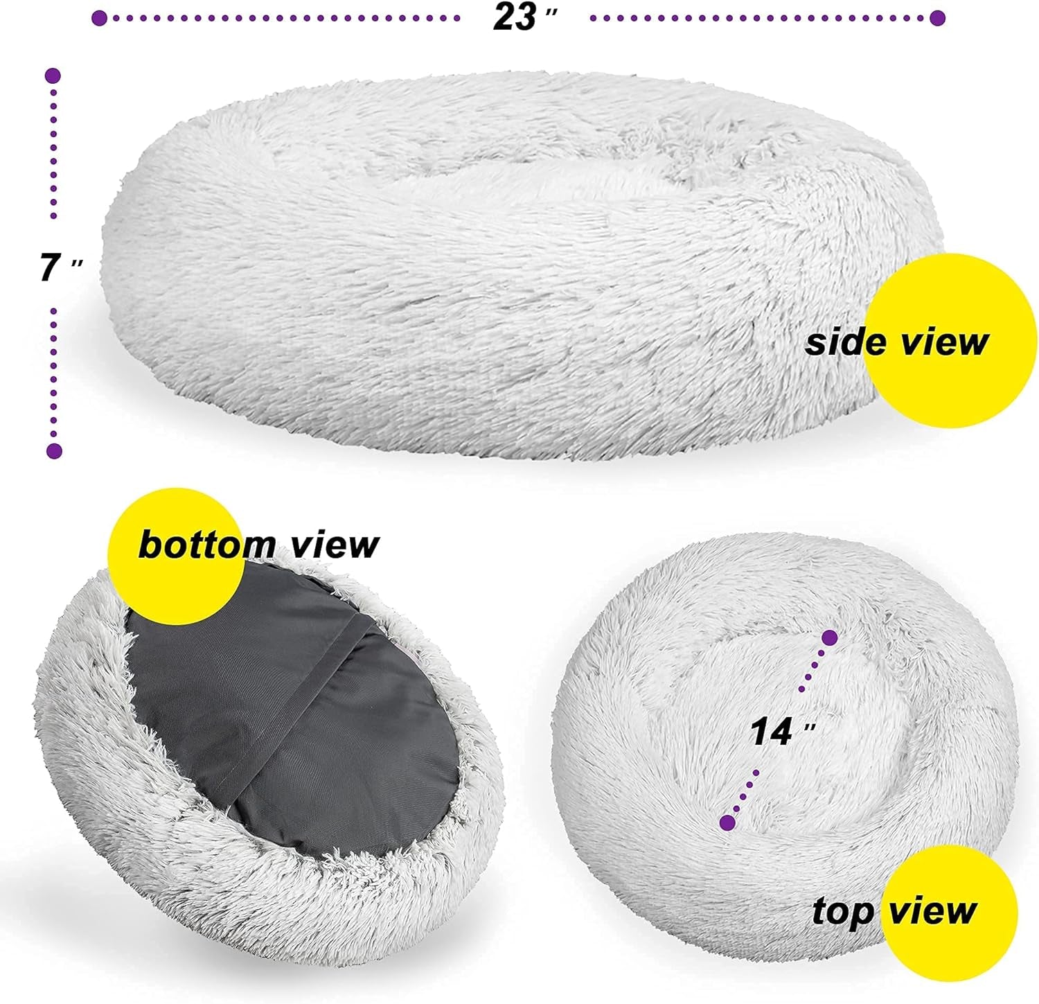 Calming Dog Bed for Small Dogs - Cozy Faux Fur anti Anxiety Dog Cuddler Bed – Ultra Soft Fluffy Donut Dog Bed – Luxury round Cat Cushion Bed – Comfy Plush Pet Bed for Small Dogs Cats (23 Inch, Frost)